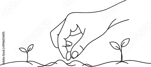 Hand Planting Seed Illustration, Minimal Gardening Growth Line Art Design.