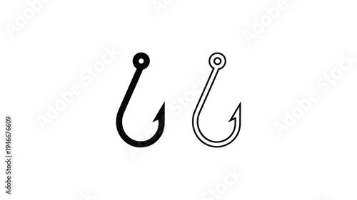 Fishhook icon logo, minimalist fishing hook symbol for outdoor adventure sport, angling, and recreational fishing brand identity, vector illustration isolated on a white background.
