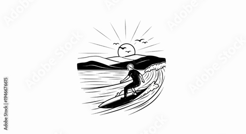 A surfer rides a wave towards the shore as the sun sets over hills