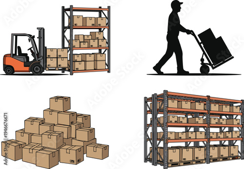 Forklift loading boxes, warehouse logistics, hand truck, cardboard packaging, industrial shelving, goods storage, supply chain, inventory management, material handling, transport system