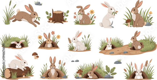 Cute woodland rabbit activity collection with forest grass burrows mushrooms flowers and bunny characters nature cartoon vector illustration set