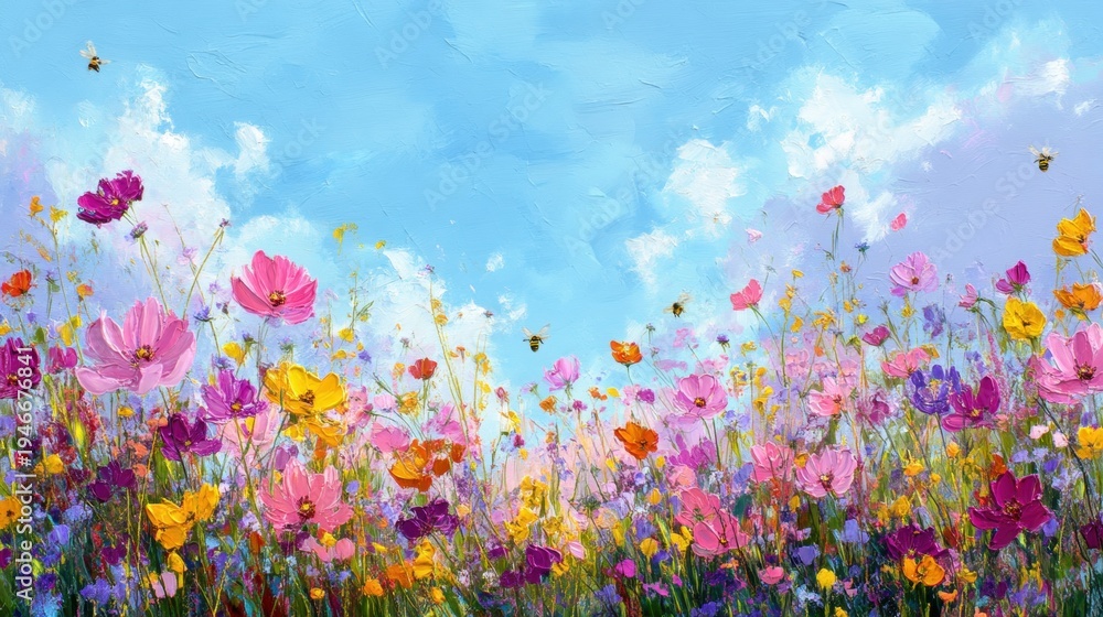 Naklejka premium Colorful wildflower meadow with flying honey bee under blue sky. Oil painting style floral landscape with pink and yellow blossom. Summer nature background with blooming garden flower.
