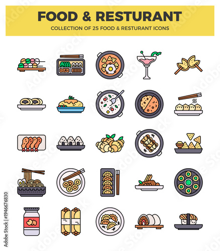 Food and restaurant icon set with various Asian dishes and drinks.