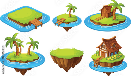 Cartoon-Style Floating Islands with Palm Trees and Houses, Ideal for Games, Illustrations, and Fantasy Scenes