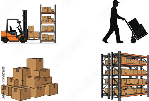 Forklift lifting boxes, warehouse storage, logistics operation, hand truck, cardboard packaging, industrial shelving, goods transportation, supply chain, material handling, inventory management