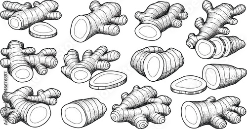 Ginger rhizome illustration, black and white drawing, sliced ginger, botanical artwork, herbal medicine, plant anatomy, organic spice, culinary reference