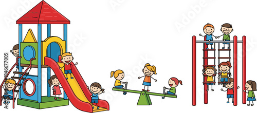 Children Playing on Playground Equipment Set Featuring Slides, Swings, and Seesaws for Fun, Kids' Activity, and Education Designs