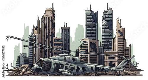 City Skyline with Damaged Buildings.
