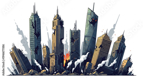 City Skyline with Damaged Buildings.