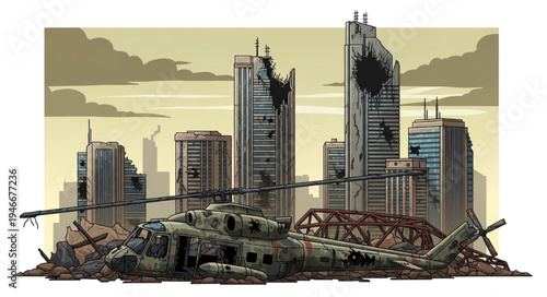 City Skyline with Destroyed Bridge.