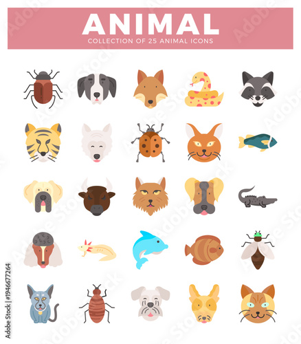 Animal icons collection featuring mammals. reptiles. insects. and fish.