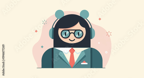 Animated character wearing glasses, headphones, and a suit