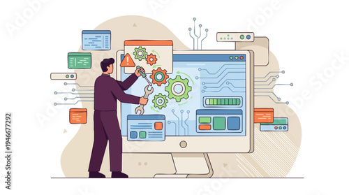 A person performing system maintenance or software configuration on a large computer monitor with various UI elements and tools.