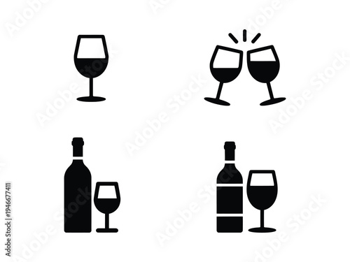 Wine Glass and Bottle Icon Set, vector pictograms of clinking glasses, bottles, and toast symbols