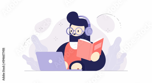 Animated character wearing headphones and glasses, reading a book and using a laptop