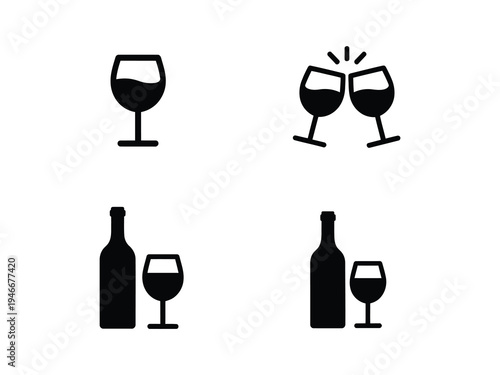 Wine Glass and Bottle Icon Set, vector pictograms of clinking glasses, bottles, and toast symbols