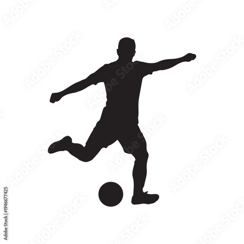 Silhouette graphic illustration of a powerful soccer player executing a forceful kick on a football
