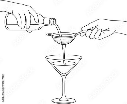 Pouring Cocktail Through Strainer into Martini Glass, Bartender Mixology Line Art Illustration.