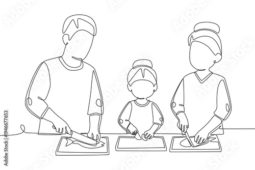 Families cooking concept one-line drawing