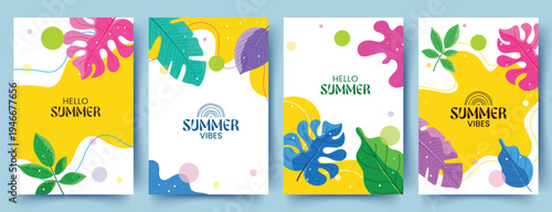 Hello summer vector collection. Vibrant tropical leaf posters with colorful monstera, foliage, and abstract shapes for seasonal invitations. Vector illustration.