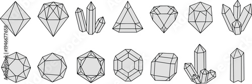 Geometric crystal and gemstone outline collection with polygon diamonds quartz clusters and mineral shapes line art vector set