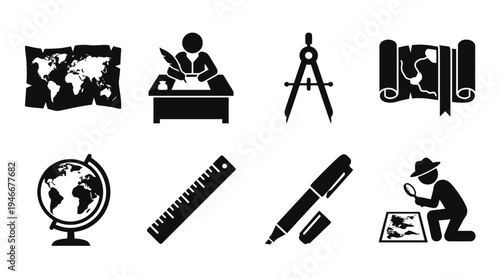 Geography Icons Vector – Maps, Tools, Education, Cartography, Exploration Graphic