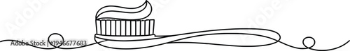 Toothbrush with Toothpaste Line Art Illustration, Daily Dental Hygiene Outline Drawing.
