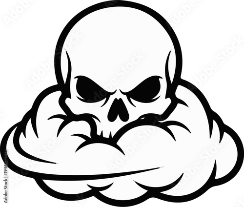 A stylized skull with a menacing expression emerges from swirling clouds