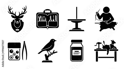 Taxidermy Icons Vector – Preservation Tools, Mounted Specimens, Workshop Craft Graphic