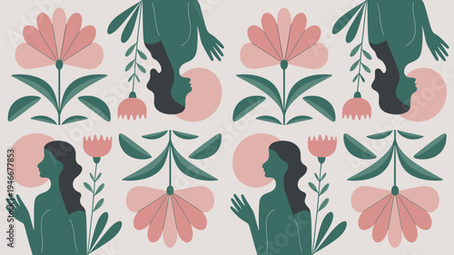 An illustration of women surrounded by flowers and leaves in a repeating pattern with a minimalist aesthetic