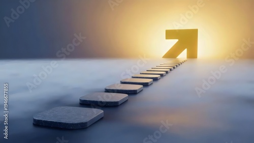 Path of stepping stones toward golden arrow – Ideal for business roadmap, career planning, or goal setting.