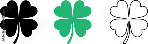 Green four leaf clover for st patricks day, Clover leaves vector set, four leaf green clover leaf in shape of heart, an attribute to St. Patrick's day, abstract clover vector illustration isolated