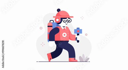 Animated character with backpack and microphone walks forward