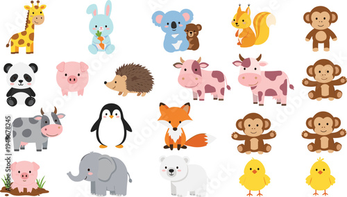 Cute Animal Character Set Featuring Giraffe, Panda, Koala, Elephant, Monkey, and Other Fun Wildlife Illustrations for Kids' Educational and Cartoon Designs