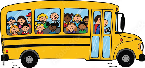 Children riding school bus doodle vector