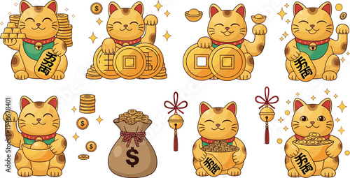 Golden lucky maneki neko cat with coins wealth symbols Japanese fortune mascot kawaii cartoon vector illustration collection