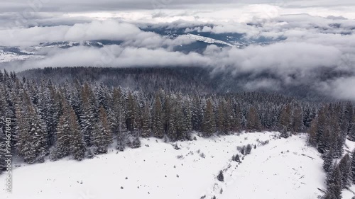 Flying forward over a winter mountain and pine trees covered with snow. Beautiful blue sky with fluffy clouds.