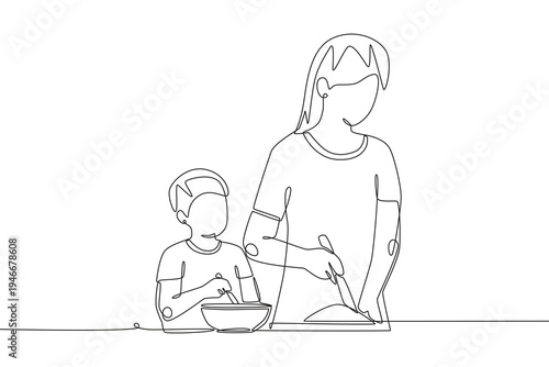 Mother and daughter cooking. Families cooking concept one-line drawing