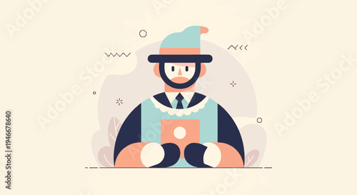 Animated character with beard and hat holding a book, surrounded by abstract shapes