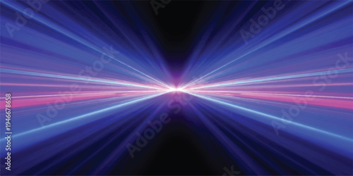 Speeding abstract light trails in blue and magenta converging towards a bright center, high-speed motion background, energy burst, lens flare