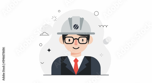 A stylized portrait of a smiling person wearing a hard hat and glasses