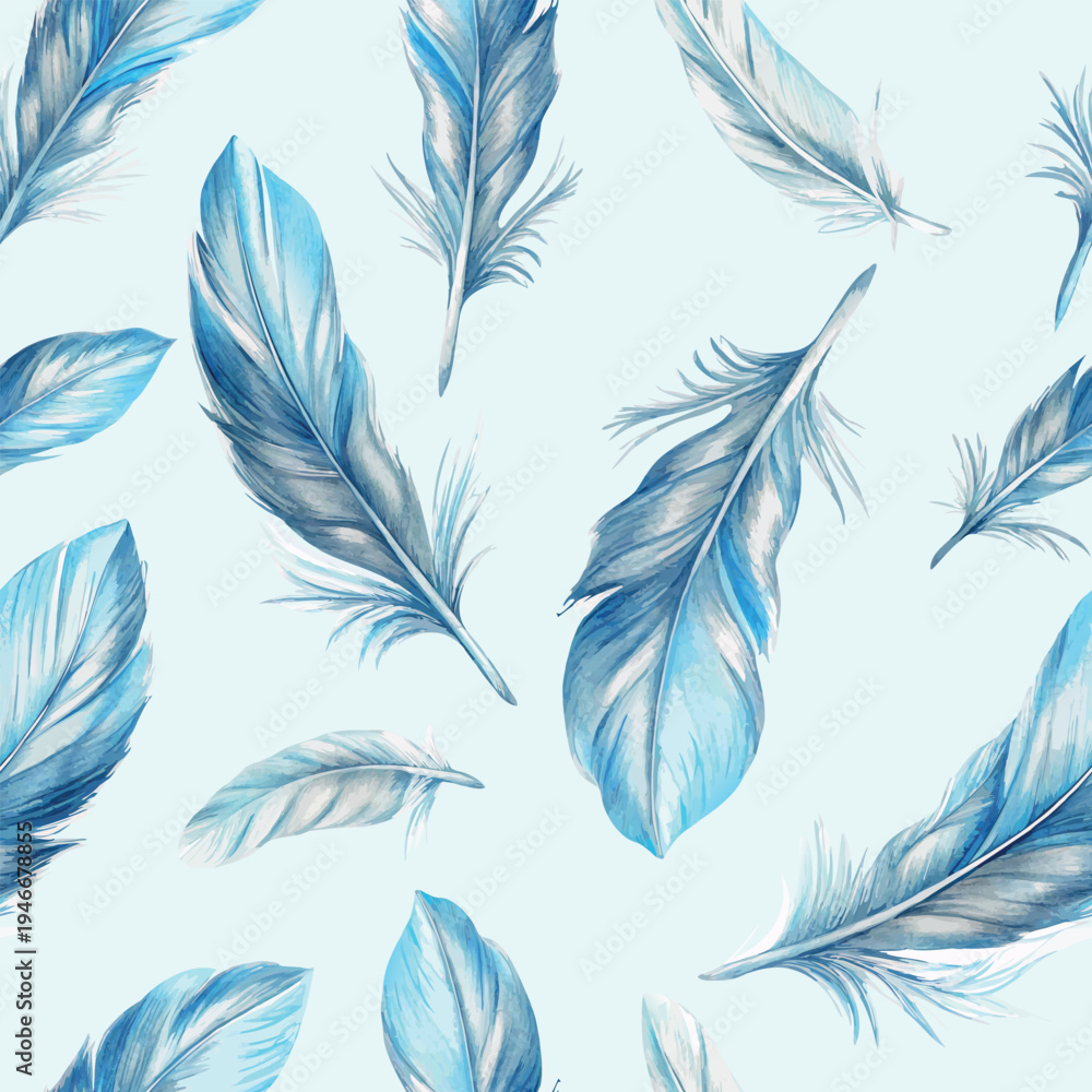Obraz premium Blue flying feathers watercolor vector seamless pattern