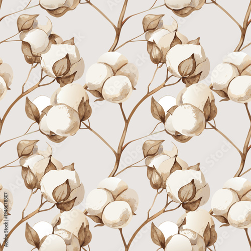 Minimalistic Cotton Flowers Botanical Seamless Vector Pattern