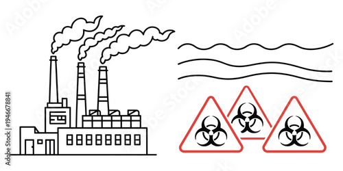 Industrial facilities emitting pollutants and warning signs for hazardous materials, simple vector icons depicting pollution sources