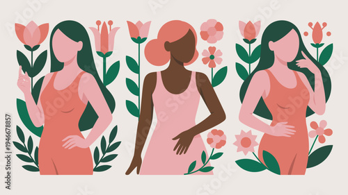 Three diverse women in pink dresses standing in a floral garden with flowers and leaves