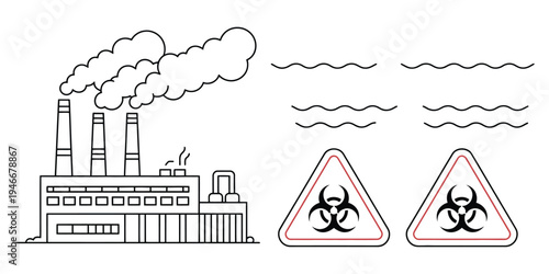 Industrial facilities emitting pollutants and warning signs for hazardous materials, vector illustration representing environmental pollution
