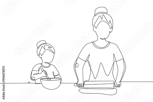 Mother and daughter cooking. Families cooking concept one-line drawing