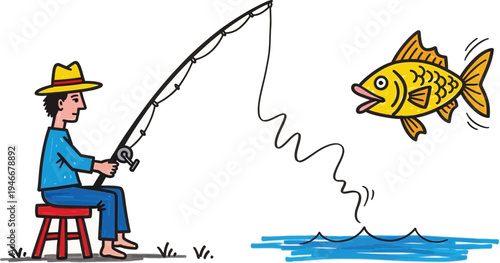 Man fishing with rod doodle vector