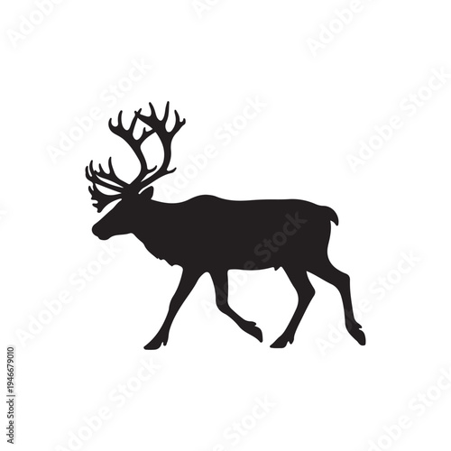Majestic reindeer silhouette gracefully walking with impressive antlers, depicted in a striking black vector illustration.