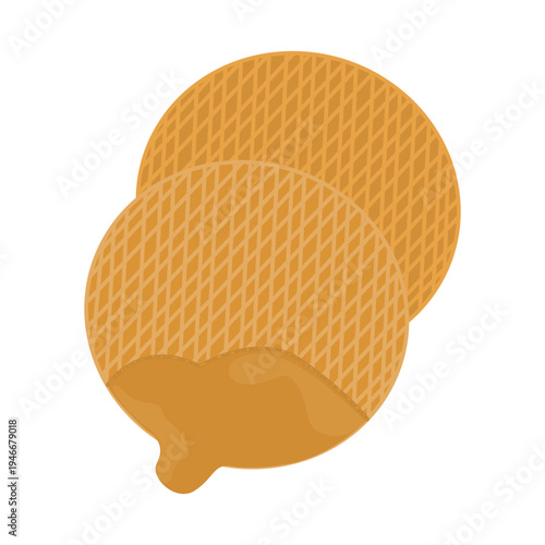 Two round crispy wafers with honey or caramel sauce drip, traditional waffle cookies vector illustration.Vector isolated illustration of Dutch waffle with caramel for menu design, prints, stickers.